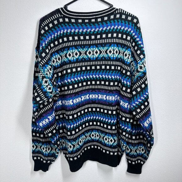 Vintage Geometric Grandpa Sweater Teal White Black Geometric Eclectic Size Large - Picture 2 of 7